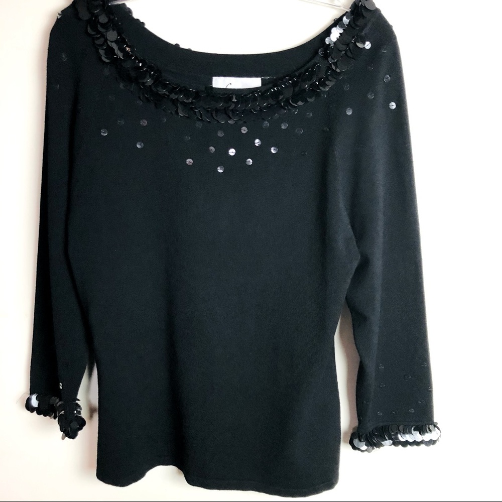 Lines black sweater scoop neck sequin collar, cuff